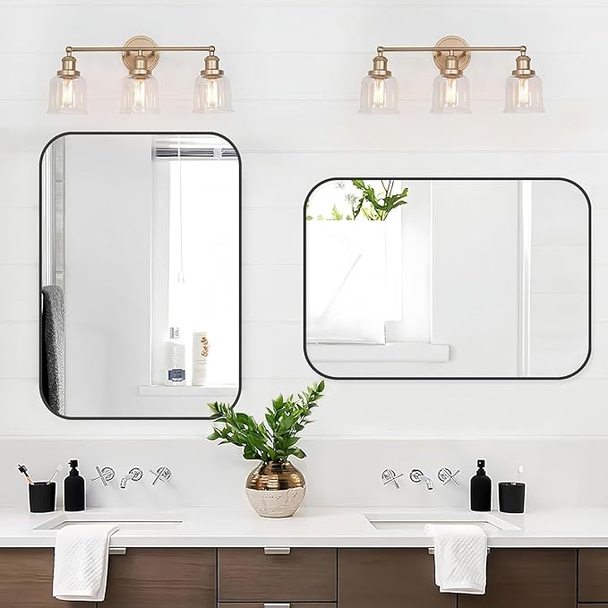 Black Bathroom Mirror, 48x30 Inch Matte Black Mirror, Aluminum Alloy Framed Vanity Mirror, Rounded Rectangle Bathroom Mirror for Over Sink, Anti-Rust Wall Mirror (Horizontally or Vertically)