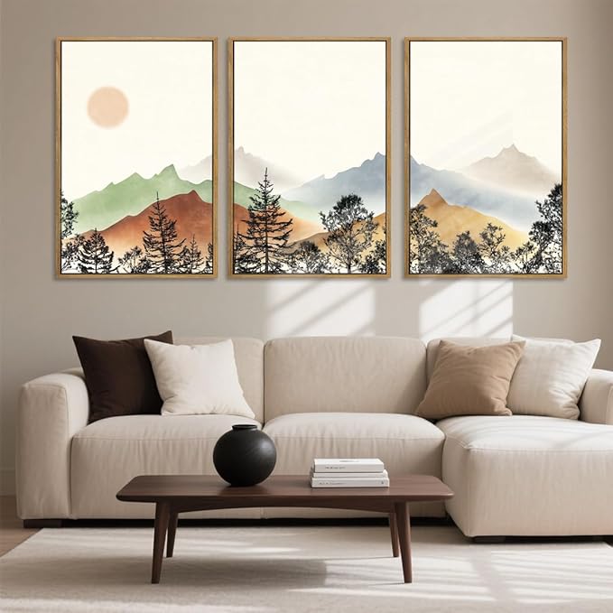 BINCUE Large Boho Mountain Wall Art Framed Wall Decor Watercolor Landscape Art Print Set of 3 for Living Room Bedroom Office 36x24 Inches
