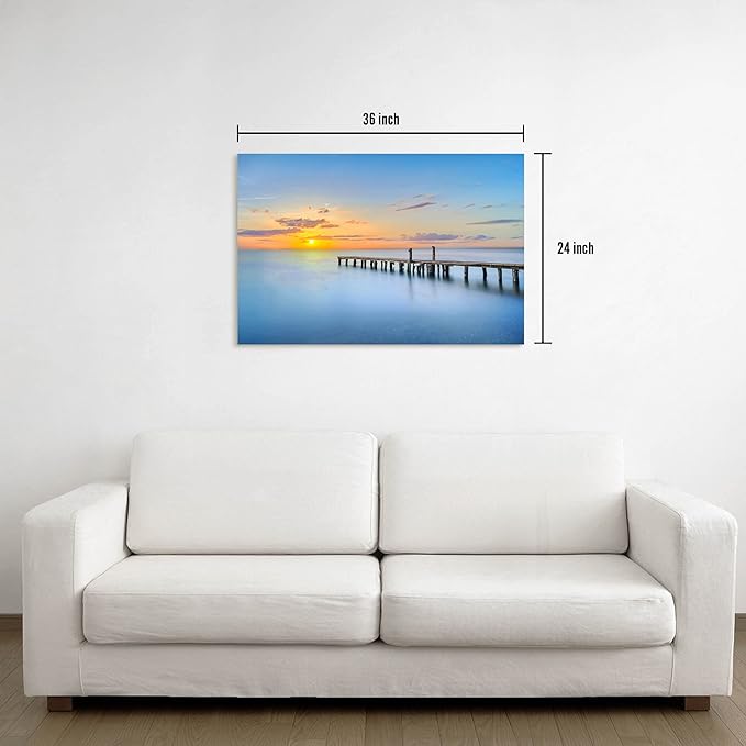 Ocean Canvas Wall Art Bathroom: Sea Sunset Picture Seascape Scene Dock Print Artwork Beach Coastal Pier Painting for Living Room Home Decorations 36 x 24 Inch
