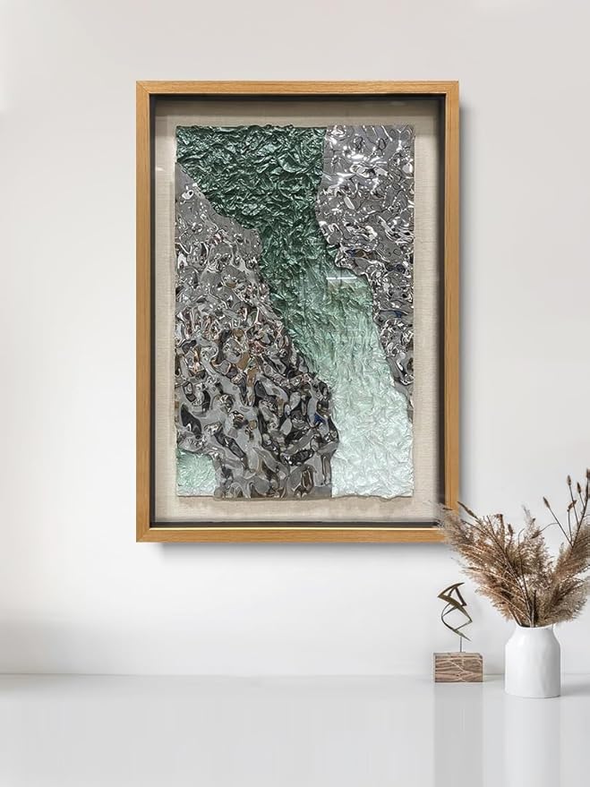 LIUZEYUE - Handmade Original Wall Art - Solid Wood Frame, Linen Hand - painted, Paper Crafts, Stainless Steel Combined Wall Hangings for Wall Decoration 39.5"x59.1"