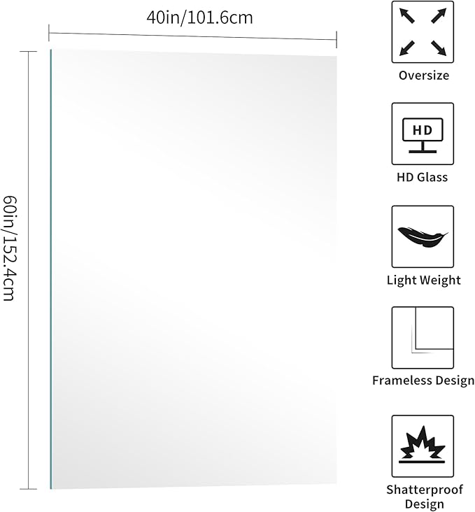 KOCUUY Frameless Mirror, 60"x40" Bathroom Mirror for Over Sink, Upgraded Shatterproof, Large Rectangle Unframed Mirror for Wall, Bathroom, Bedroom, Living Room, Entryway, Hang Horizontal/Vertical