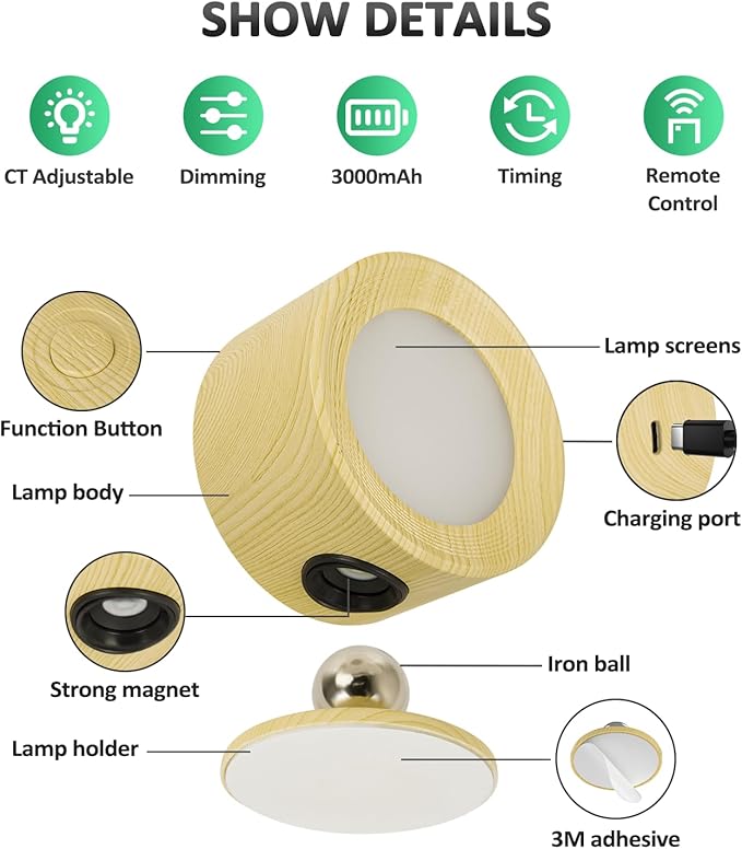 Lightbiz LED Wall Sconces, Wall Mounted Lamp with Remote Rechargeable Battery Operated, 3 Color Temperatures & Dimmable Wall Lights Magnetic 360° Rotation Light