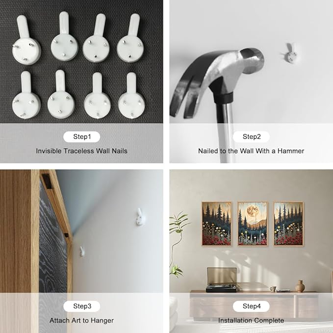 Ausril Vintage Moon Forest Wall Art Set of 3-16x24 Inch Framed Canvas Prints, Wildflower Mountain Landscape Painting, Nature Pine Tree Floral Decor for Living Room, Bedroom, Office, Boho Home Decor