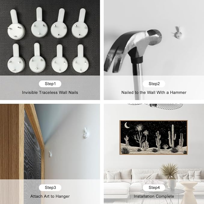 Desert Night Cactus Framed Canvas Wall Art Set,Southwestern Black and White Landscape Wall Decor,Rustic Wooden Mid Century Boho Moon Artwork for Living Room,Bedroom-20 x40