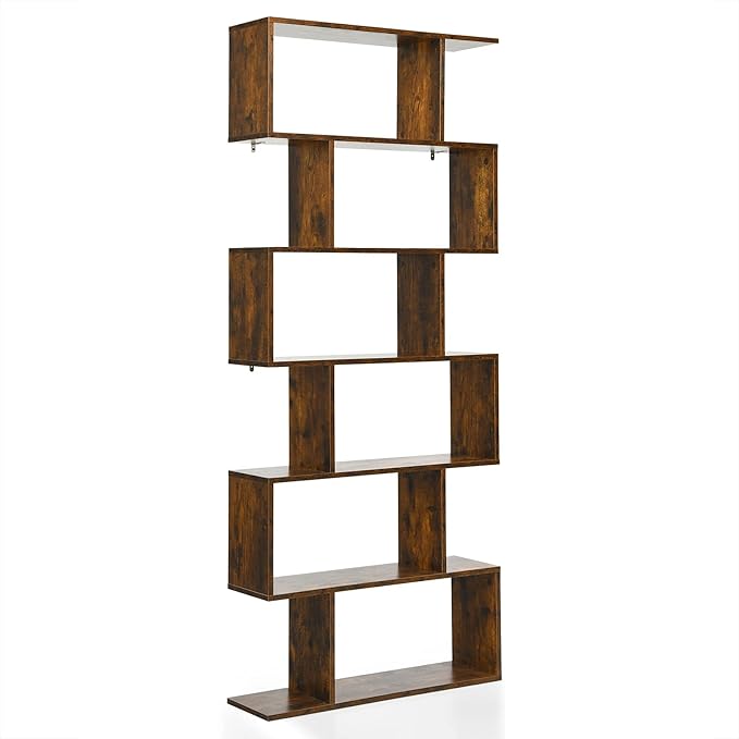 6 Tier Geometric Bookcase, S Shaped Bookshelf, Book Shelf Room Divider, Wood Freestanding Display Shelves, 75 Inch Staggered Bookshelf for Bedroom Living Room (1, Rustic Brown)