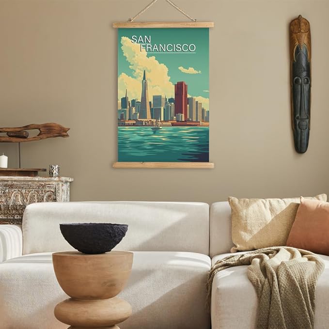 WREVERW San Francisco Canvas Print Wall Art Featuring the Transamerica Pyramid and City Skyline, Vintage Linen Poster with Wooden Hanger Frame, Ideal Home Decor for Living Room Office, 16x23 Inches