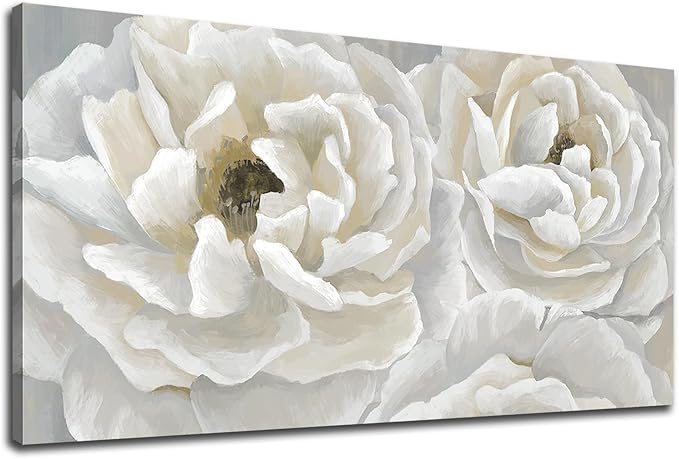 arteWOODS Cream White Flowers Wall Art - Soft Peony Pictures for Wall Decor Elegant Blossom Flower Painting Artwork Botanical Prints for Living Room Home Office Wall Decoration 29" x 58"
