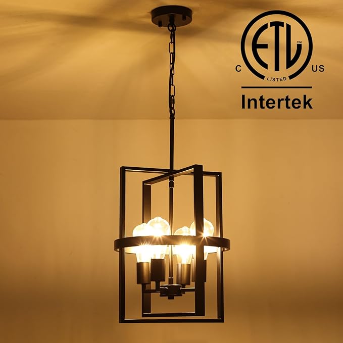 12.6"Black Chandelier for Dining Room, 4-Light Modern Farmhouse Chandelier with Geometric Cage Adjustable, Foyer Lighting Fixtures Rustic Pendant Lights for Kitchen Entryway Hallway Living Room