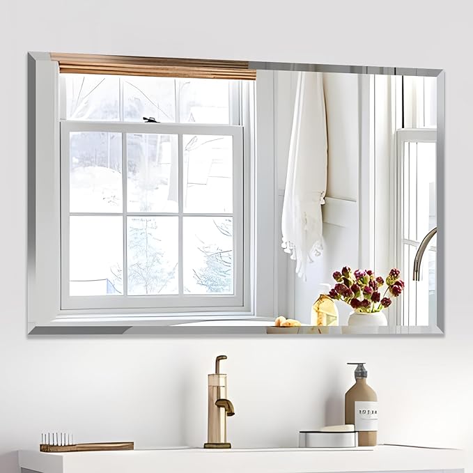 Beveled Mirror, 48"x30" Inch Beveled Frameless Mirror for Bathroom, Rectangular Beveled Edge Bathroom Vanity Mirror, Upgraded Shatterproof Wall Mirror, Hangs Horizontally or Vertically.
