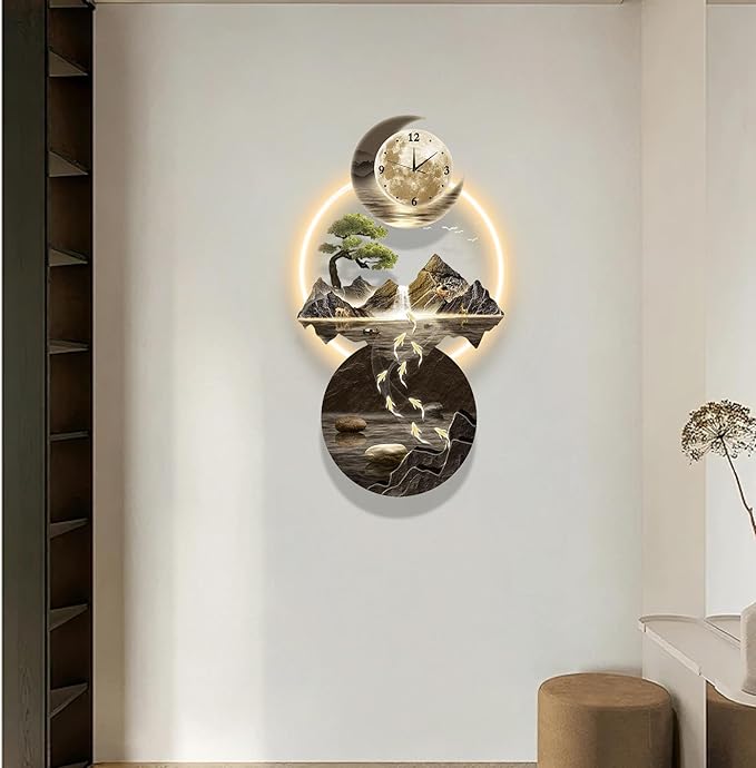 LED Light Art Wall Decor, 3D Art Wall Decor Clock, Decor Wall Sculptures with Lights, Modern Home Decor Landscape Wall Sculpture, Plug-in Power Supply, Gold F, 23x47IN