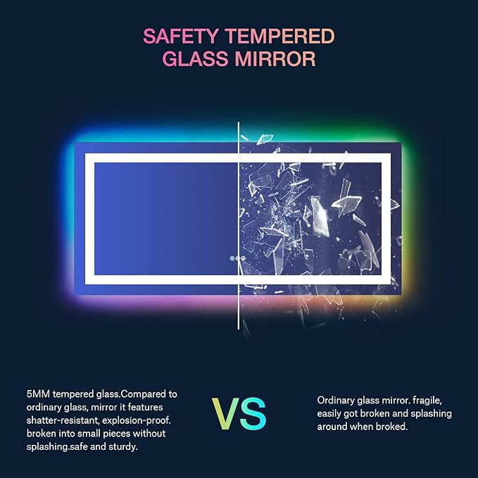 LOAAO 60”X30“ RGB LED Bathroom Mirror with Lights for Bathroom, Anti-Fog, Dimmable,Multiple Light Modes, RGB Backlit + Front Light, Memory Function, Tempered Glass