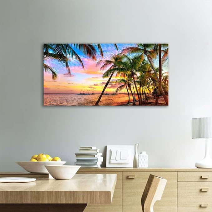 BYXART Canvas Art Wall Decor for Living Room Seascape Tropical Palm Tree Sunset Artwork Bedroom Ocean Beach Paintings for Bathroom Home Office Dining Decorations 48L x 24W