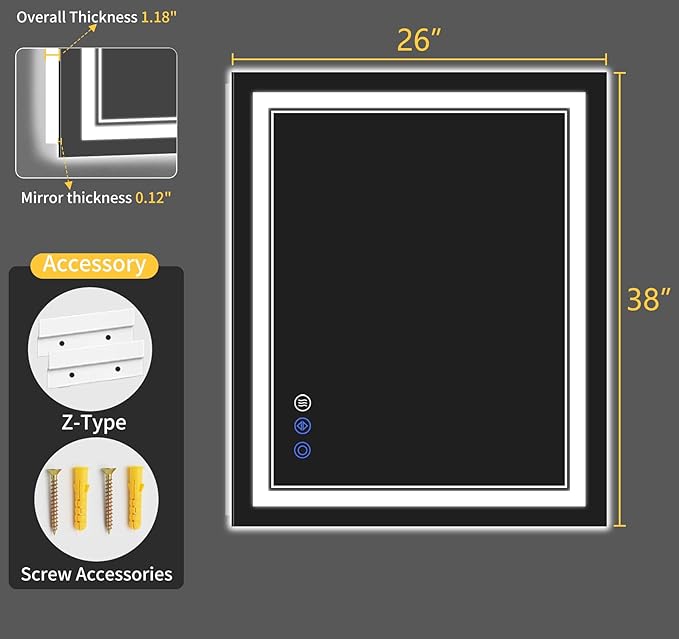 26"x38" Bathroom Mirror with Lights, Anti-Fog, Backlit + Front Lit, Dimmable, Led Vanity Mirror for Wall, Lighted Bathroom Mirror, 3 Colors, Shatter-Proof Tempered Glass