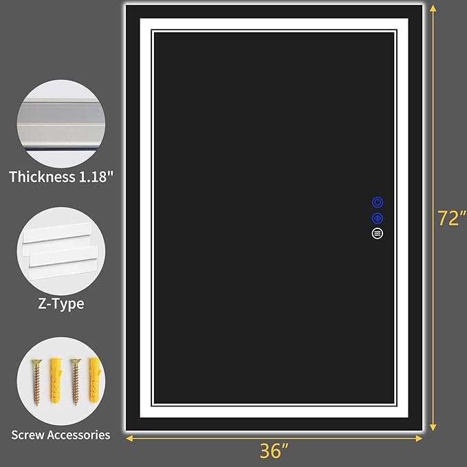 72"x36" LED Bathroom Mirror with Anti-Fog, Stepless Dimmable Lights, 3 Color Modes, Shatter-Proof Tempered Glass, Memory Function & Waterproof Design