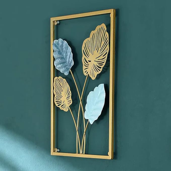 MKUN Iron Wall Sculptures - Large Set of 3 rectanglar Metal Wall Decor with Ginkgo Biloba Art Great for Home Hotel Decoration (Gold Blue)