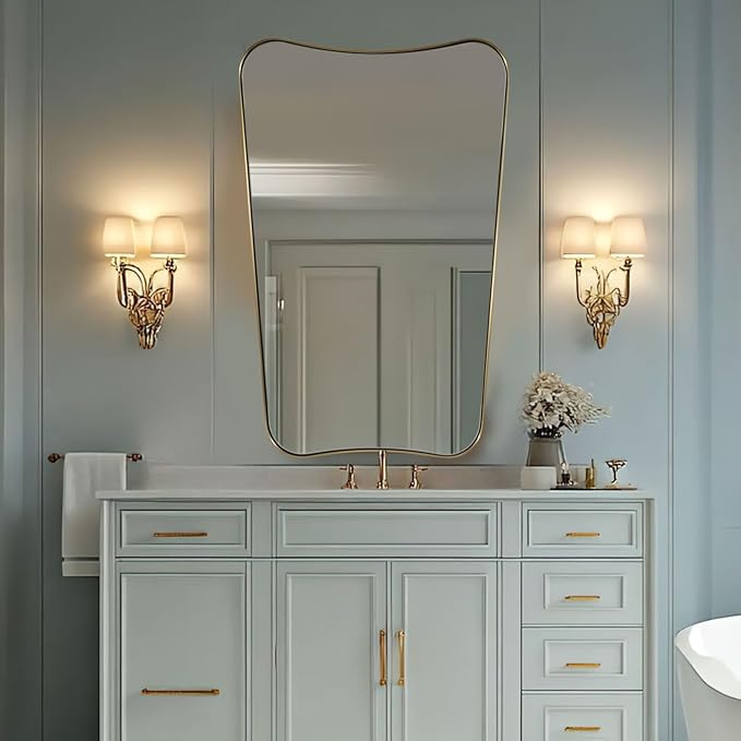 ANDY STAR 30x48 Inch Brushed Gold Mirror, Large Asymmetrical Wall Mirror, Antique Gold Mirror in Anti-Rust Stainless Steel Frame, Unique Designed Frame Ideal for Home Remodel