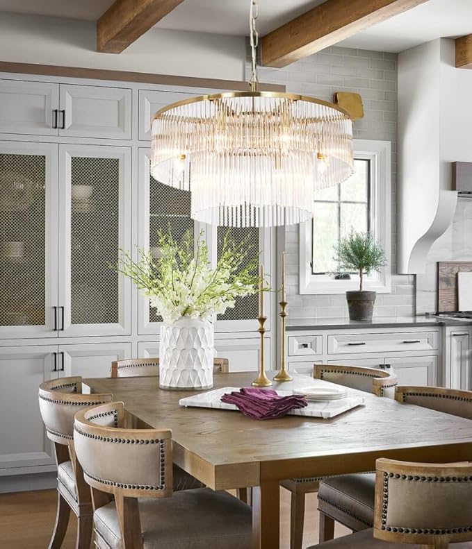 Modern Chandeliers Brass Glass Chandelier Lighting 8 Lights Round Dining Chandelier Light Fixture Ceiling Entryway Bedroom Kitchen Foyer 23.6"