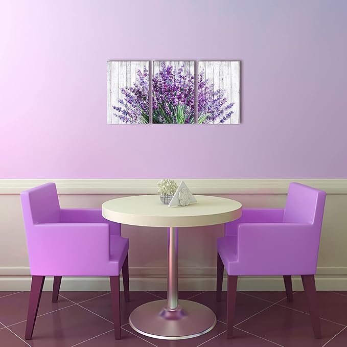 Lavender Wall Decor Purple Wall Art Rustic Farmhouse Flowers Canvas Prints Rural Floral Pictures for Bathroom Nature Botanical Paintings Artwork Dining Room Kitchen Home Decorations 16x24” 3 Pcs/Set