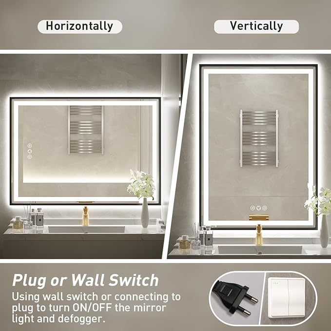 24x32 Inch LED Bathroom Mirror with Lights, Frontlit & Backlit Black Metal Frame Mirror, Wall Mounted Lighted Vanity Mirrors, Double Lights Strips,Anti Fog Dimmable & 3 Colors Temperature