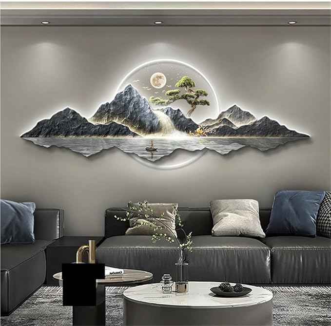 LED 3D Wall Art Decor, Landscape Wall Mural with Welcoming Pine Tree, Traditional Oriental Wall Sculpture with Light, Decorative Wall Art for Living Room(Brown,31.4in)
