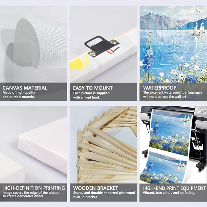 MAMAGO Large 3 Pieces Blue Wildflower Wall Decor Vintage Nautical Plant Canvas Print Oil Painting Coastal Natural Scenery Picture Modern Bathroom Farmhouse Artwork Framed Easy to Hang-24”x36”x3pcs