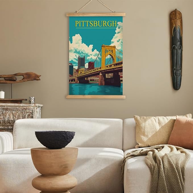 WREVERW Vintage Pittsburgh Poster Canvas Print with Wooden Hanger Frame, Featuring the Iconic Yellow Bridge and Skyline, Wall Art for Home and Office Decor, 16x23 inches