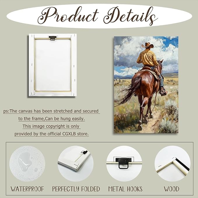 CGXLB Cowboy Riding Wall Art Western Horseman Painting Horse Picture Prints Framed Rustic Ranch Wall Decor for Living Room Bedroom Restaurant 12"x18"