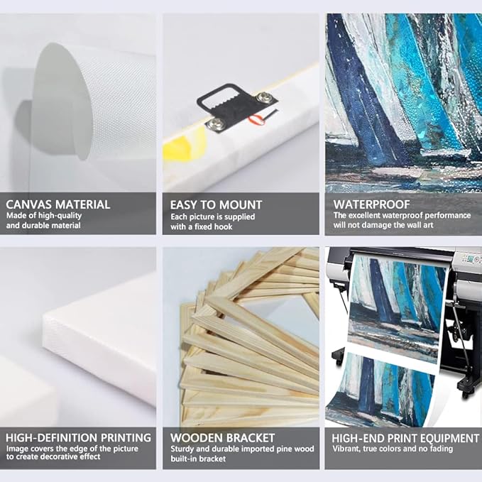 MAMAGO Blue Wall Art - 3 Panels Abstract Canvas Decor Painting Seascape Poster Textured Navy Blue Modern Sailboat Ocean Artwork for Bedroom Framed Easy to Hang - 12" W x 16" Hx3pcs