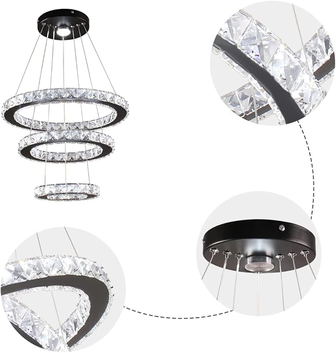 Modern LED Crystal Black Chandeliers 3 Rings Pendant Light Adjustable Height Ceiling Lamp for Dinning Room Bedroom Living Room (Cool White)