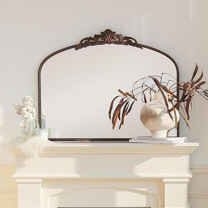 Micasso Bronze Vintage Arched Mirror: 29x36 in French Baroque Antique Wall Mounted Mirror - Traditional Ornate Decorative Mirror for Mantle/Fireplace/Living Room/Bedroom/Entryway/Hallway/Wall Decor