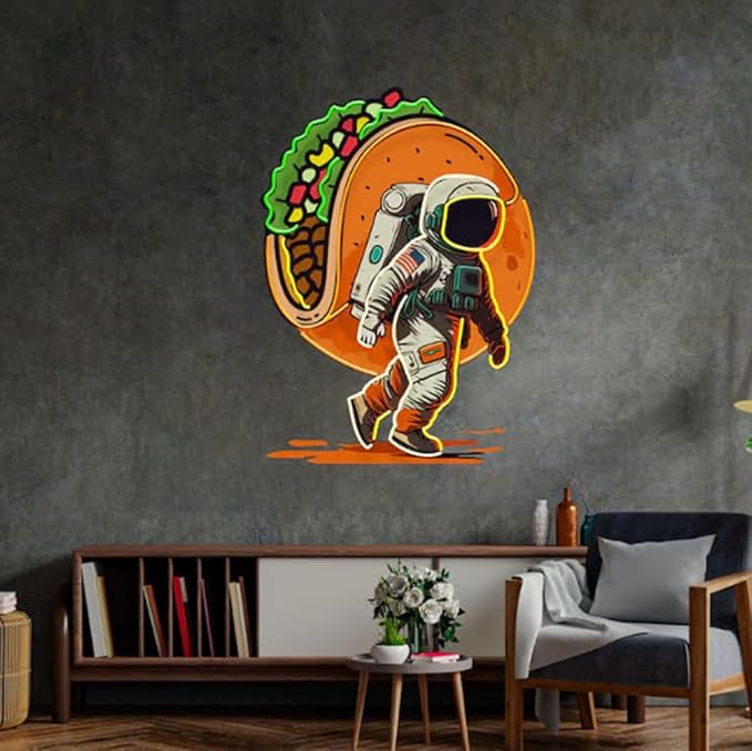 Astronaut Carrying Tacos Neon Sign,BusinessTacos LED Light,taco shop Décor Light Size:20 inch