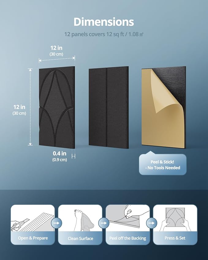 Black Gothic Acoustic Wall Panels, Peel and Stick Self Adhesive Sound Absorbing Tiles for Studio, Walls, Bedroom, 12 Pack, 12" x 12" x 0.4", Decorative Art Panels for Ceiling, Doors, Pared, Home Decor