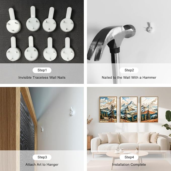 Large Woodcut Style Mountains Framed Canvas Wall Art,Vintage Pine Trees Wall Decor,Boho Natural Snow Ridge Artwork,Modern Woodland Landscape Art Print for Living Room,Bedroom,Office- 24"x36"x3