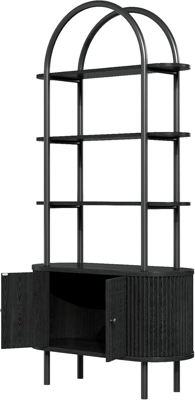 71" Tall Bookshelf, Bookcase, 4-Tier Book Shelf with Storage Cabinet, Curved Metal Frame Bookcase, Freestanding Industrial Storage Display Shelving for Living Room Office Bedroom, Black
