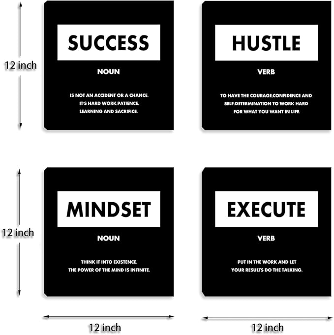 Motivational Wall Art Inspirational Office Wall Decor for Living Room Bedroom Black Decorate Wall Painting Picture Mindset Canvas Posters Prints Framed Art Work Decoration - 12"x12"x4PCS
