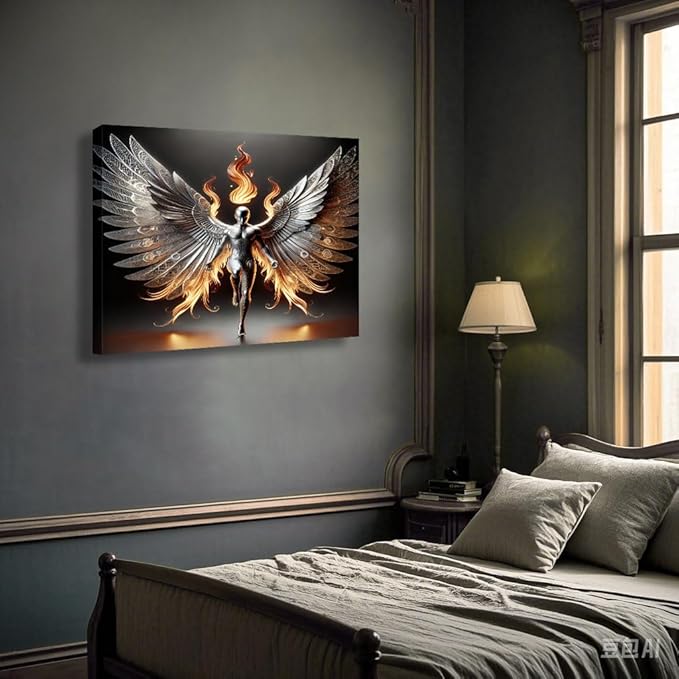 3D Metal Angel Wall Art Mural Futurism Poster Cybernetics Wing Warriors Canvas Printed Images Science Fiction Robot Artwork with Wings of Fire Modern Fantasy Gallery Decoration, Living Room Bedroom Office Manhole 12x16 inches