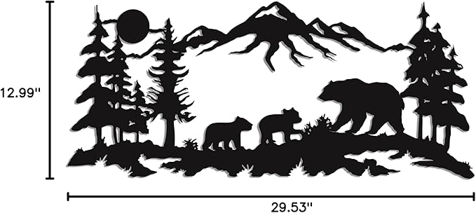 Metal Wall Art, Metal Bear Family Art, Tree Mountain Decoration, Nature Wall Decor, Wildlife Lover Gift, Wall Hangings (30"W x 13"H / 75x33cm)