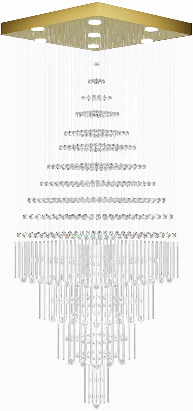 Flashing God D32''X H100'' Extra Large Chandeliers for High Ceilings Square Crystal Raindrop Gold Chandeliers Large Villa Chandelier Entrance Foyer Ceiling Light LED Dimmable 2700K-6000K