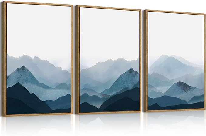 BINCUE Framed Blue Mountain Wall Decor Fog Blue Ridge Mountains Wall Art for Living Room Bedroom Office 16x24 Inches Set of 3