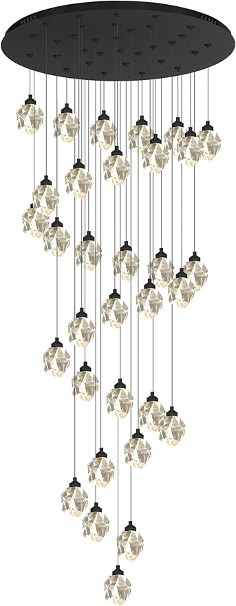 Large Black Staircase Chandelier 150 inch Long Crystal Chandelier for High Ceiling Entrance Crystal Ceiling Lighting LED Dimmable 3000-6000K 32 Light