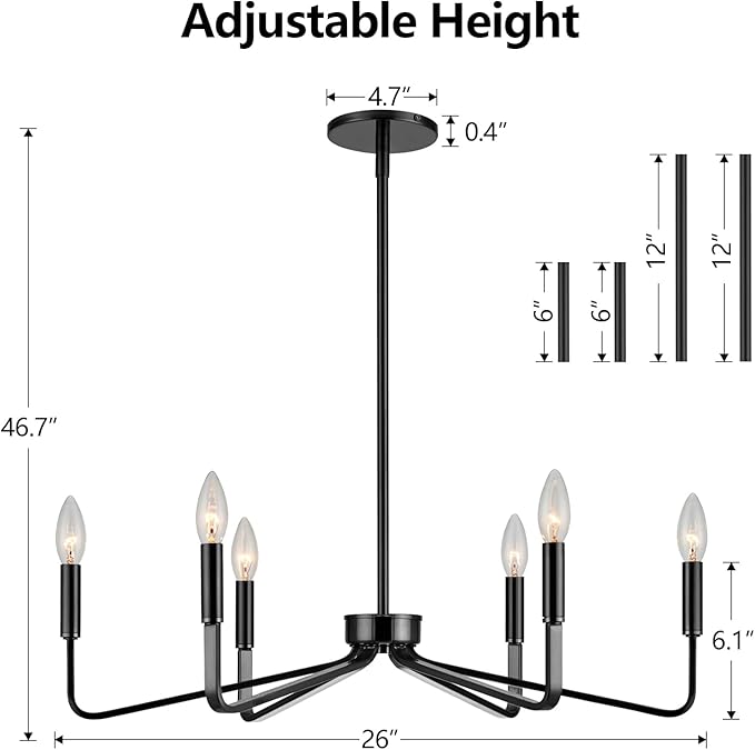 Black Chandelier for Dining Room, 6-Light Farmhouse Kitchen Light Fixtures Over Table, 26" Rustic Candle Chandelier for Bedroom, Foyer, Hall, Living Room, Entryway
