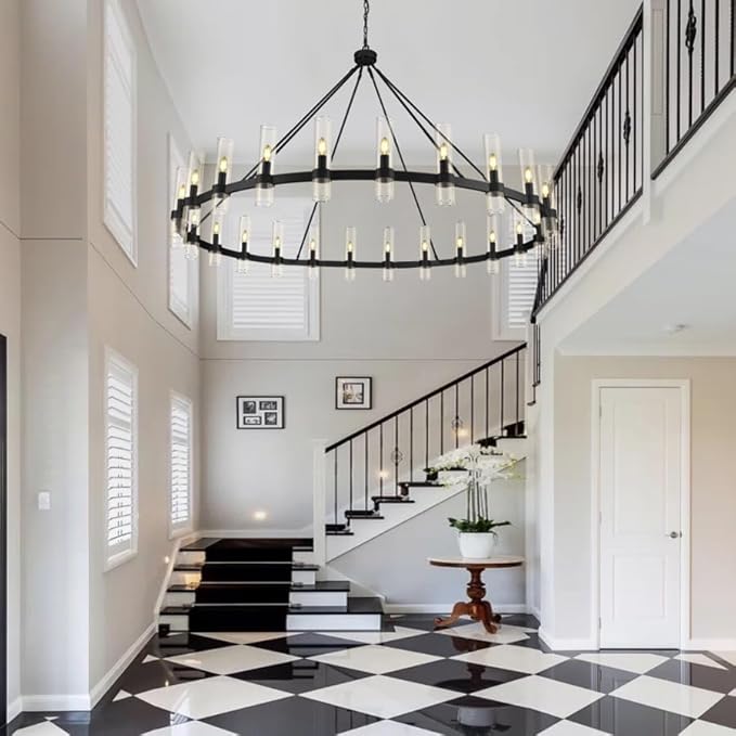 Black Wagon Wheel Chandelier 70 Inch, Large Chandeliers for High Ceilings, 24-Light Chandelier with Glass Shade, Modern Farmhouse Chandeliers for Living Room, Dining Room and Foyer(24 Bulbs Included)