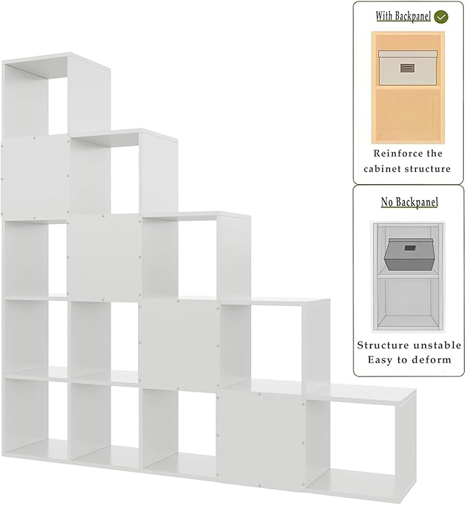 Ladder Cube Storage Bookcase - Wooden L-Shaped 5-Tier Corner Shelf, Reversible 15-Cube Organizer for Home & Office, White