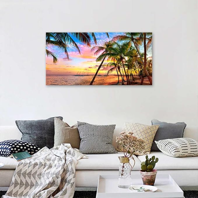 BYXART Canvas Art Wall Decor for Living Room Seascape Tropical Palm Tree Sunset Artwork Bedroom Ocean Beach Paintings for Bathroom Home Office Dining Decorations 40L x 20W
