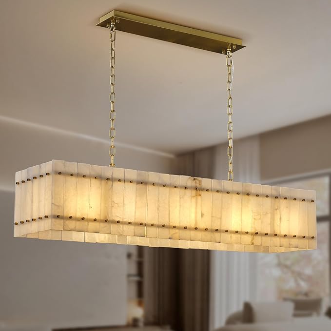 53.4" Rectangle Alabaster Chandelier, Modern Dining Room Chandeliers, 10-Light Marble Hanging Pendant Dining Light Fixture for Kitchen Island, Living Room, Bedroom, Foyer, Entryway