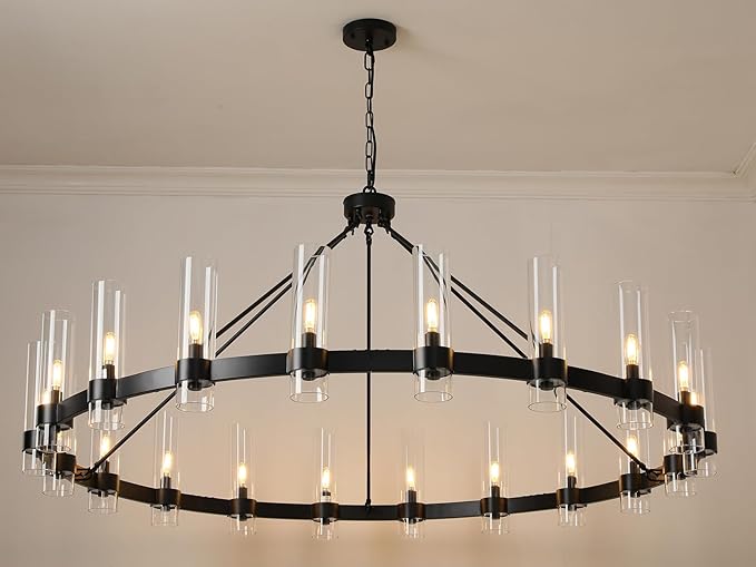 60 Inch Black Round Chandelier, Wagon Wheel Chandelier with Glass Shade, 20-Lights Large Modern Farmhouse High Ceilings Pendant Lighting Fixture for Dining Room, Living Room, Kitchen, Foyer