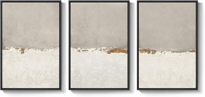 Large Framed Beige Neutral Abstract Wall Art for Living Room, 3 Piece Modern Canvas Prints Paintings Artwork for Walls, Minimalist Abstract Horizon Pictures for Hallway, Office Wall Decor 24x36 In