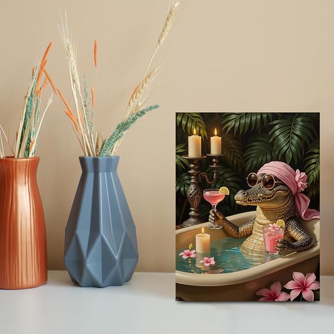 Crocodile Wall Art, 11.4x15in Funny Toilet Framed Art Paintings Wall Decor Unique Animal Lover Gifts Alligator Bathroom Picture for Living Room Bathroom Farmhouse Kitchen Decor