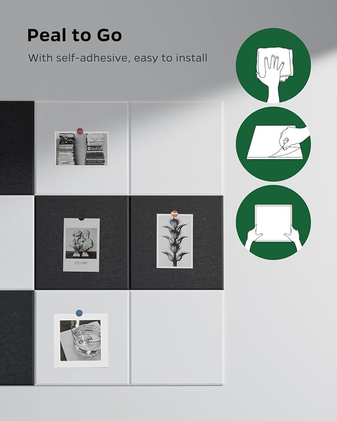 Acoustic Panels for Walls, Door, Ceiling, 12 Pack Square Self-Adhesive Peel & Stick Sound Absorbing Panels, 12" x 12" x 0.4" Decorative Acoustic Tiles for Home Office, Studio, Game Room, Pared, White