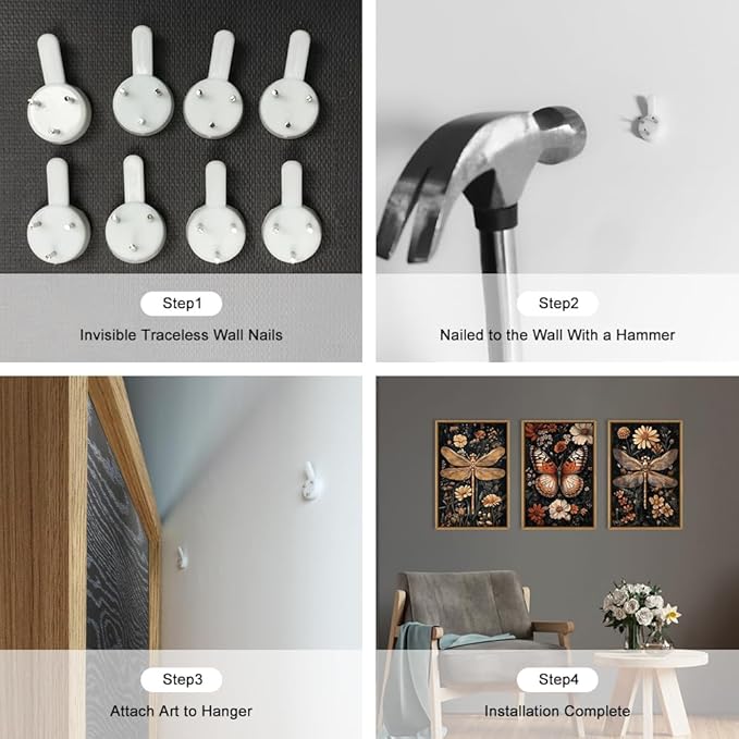 Large Vintage Butterfly and Dragonfly Wall Decor Framed Canvas Wall Art,Retro Blossom Leaf Wall Decor,Dark Insect Plant Artwork,Moody Animal Floral Art Print for Living Room,Bedroom- 24"x36"x3